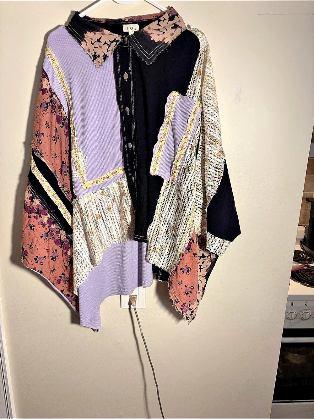POL45 Patchwork Floral Tunic in Black & Purple Size Large